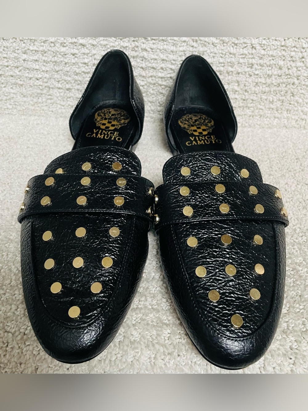 Vince Camuto Wenerly Gold Tone Studded Black Textured Leather Slip On Flat - Picture 2 of 7
